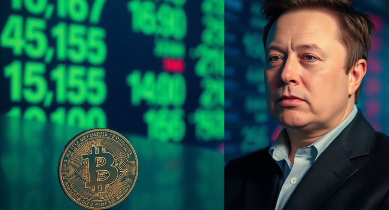 Elon Musk portrait next to a Bitcoin coin on a financial background