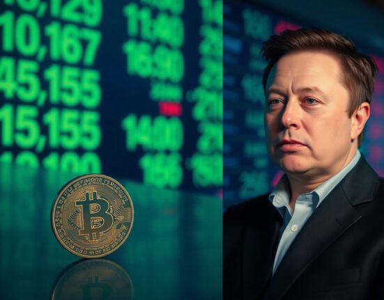 Elon Musk portrait next to a Bitcoin coin on a financial background
