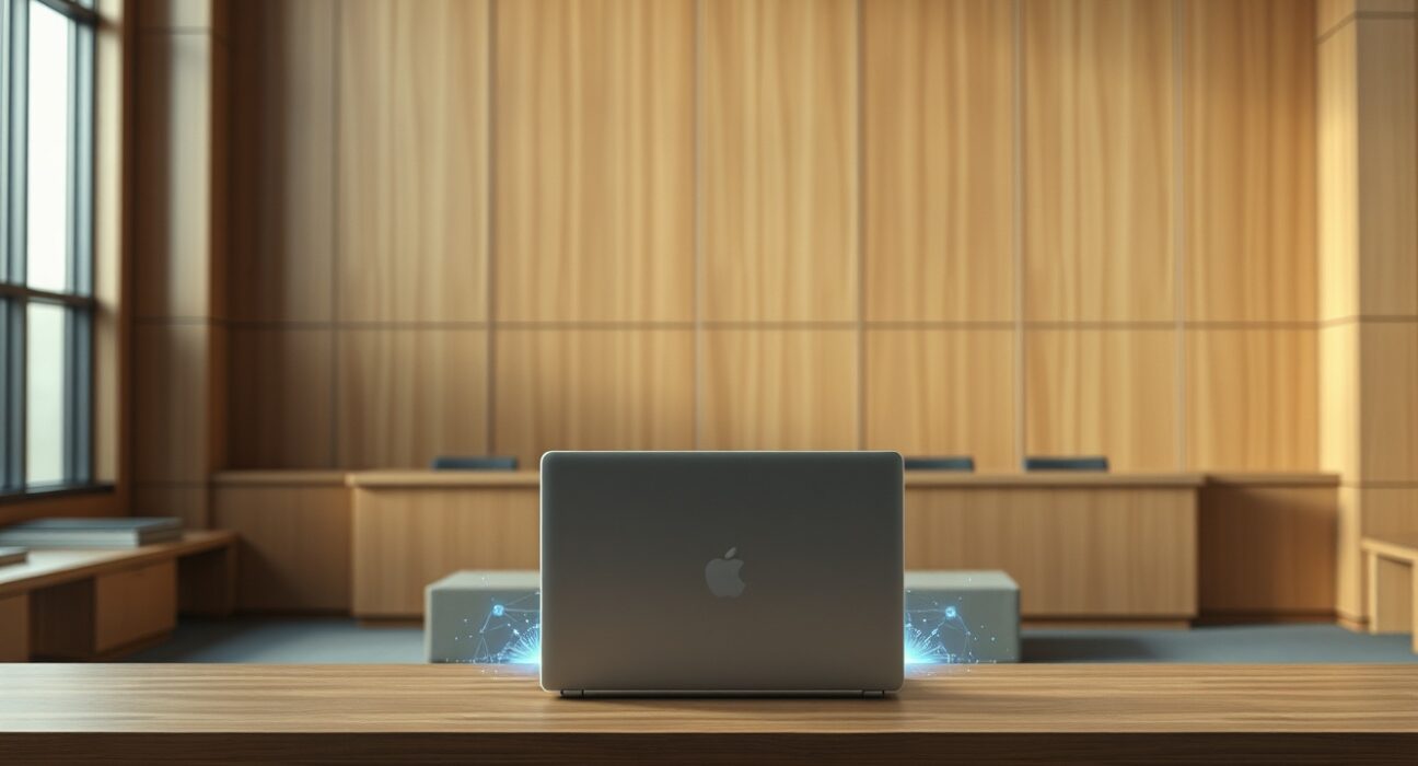 Courtroom scene representing the xAI lawsuit over Grok AI and alleged child sexual abuse imagery generation.