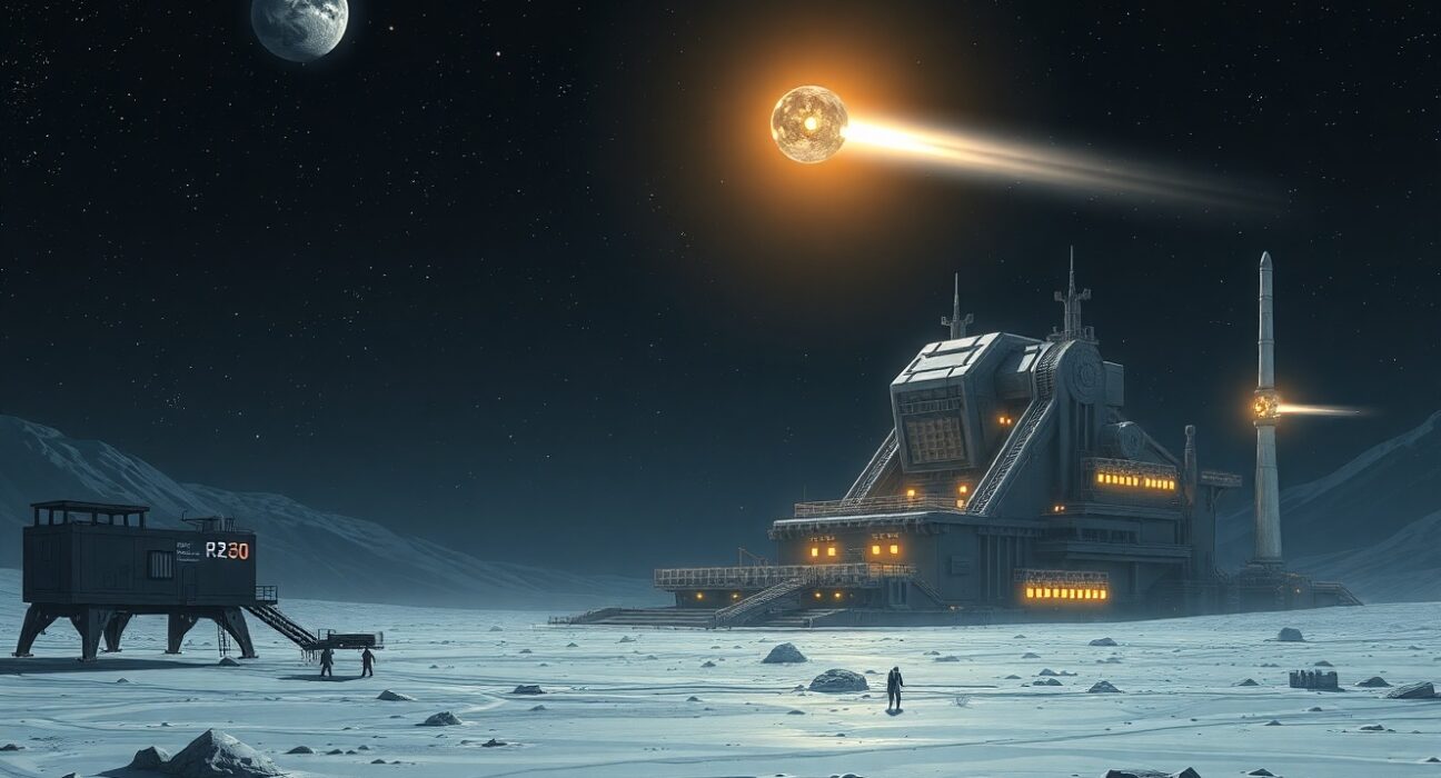 Concept of Elon Musk's proposed xAI lunar factory for building AI satellites to achieve computing supremacy.