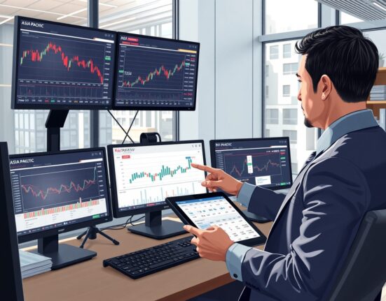 Financial analyst monitoring EM APAC equities market data and hedging strategies in professional setting