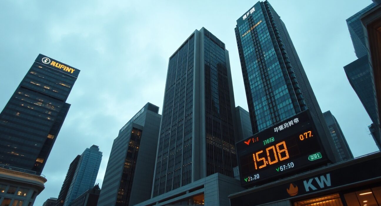 Asian financial district skyline at dusk with digital currency exchange board showing downward trends for Indonesian rupiah and South Korean won