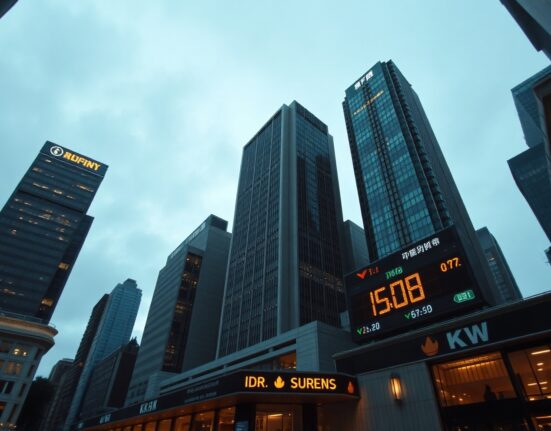Asian financial district skyline at dusk with digital currency exchange board showing downward trends for Indonesian rupiah and South Korean won