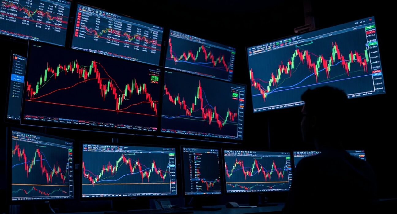 Trading monitors showing cryptocurrency price charts, symbolizing on-chain analysis and market manipulation detection.