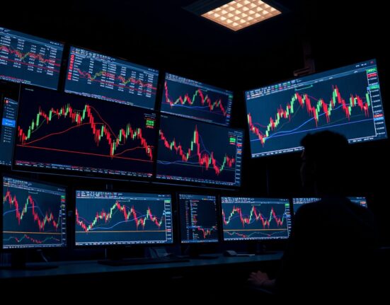 Trading monitors showing cryptocurrency price charts, symbolizing on-chain analysis and market manipulation detection.