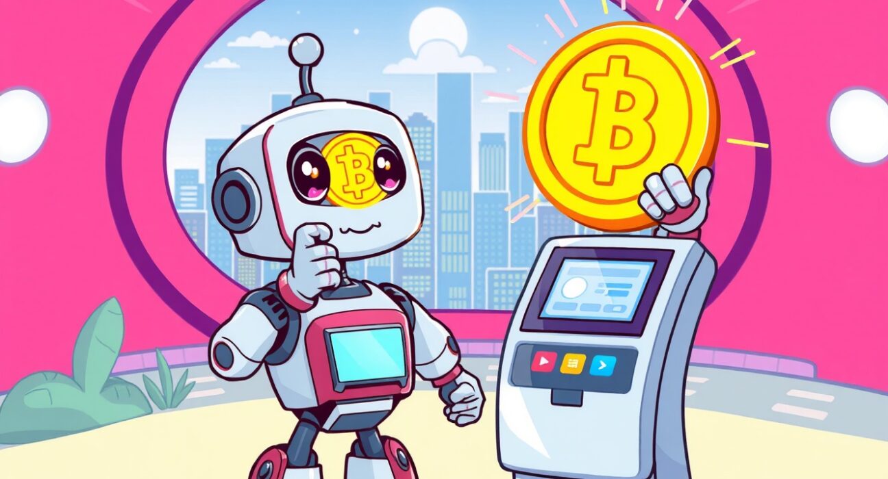 A friendly robot using Embodied AI payment infrastructure to make a transaction in a futuristic city.