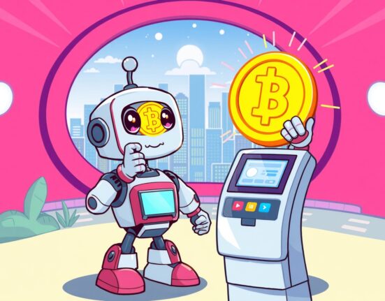 A friendly robot using Embodied AI payment infrastructure to make a transaction in a futuristic city.