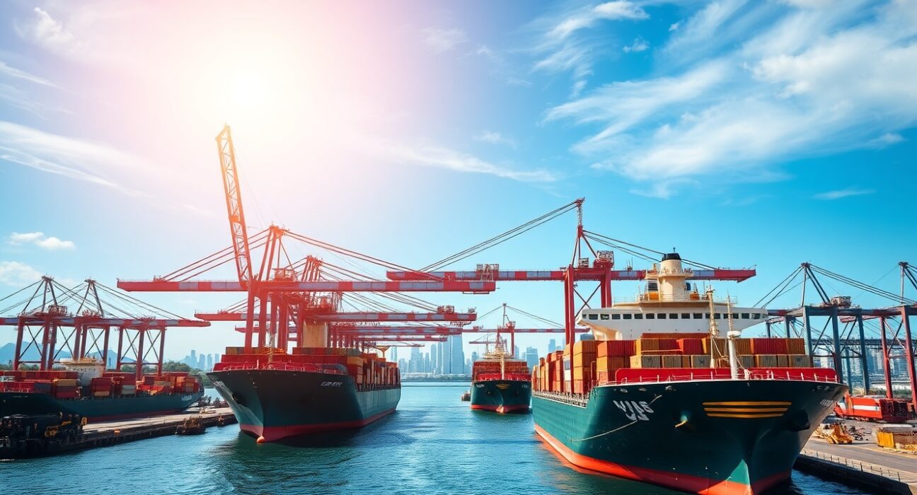 Busy port in an emerging economy with cargo ships and cranes under sunlight
