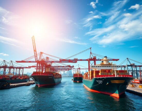Busy port in an emerging economy with cargo ships and cranes under sunlight