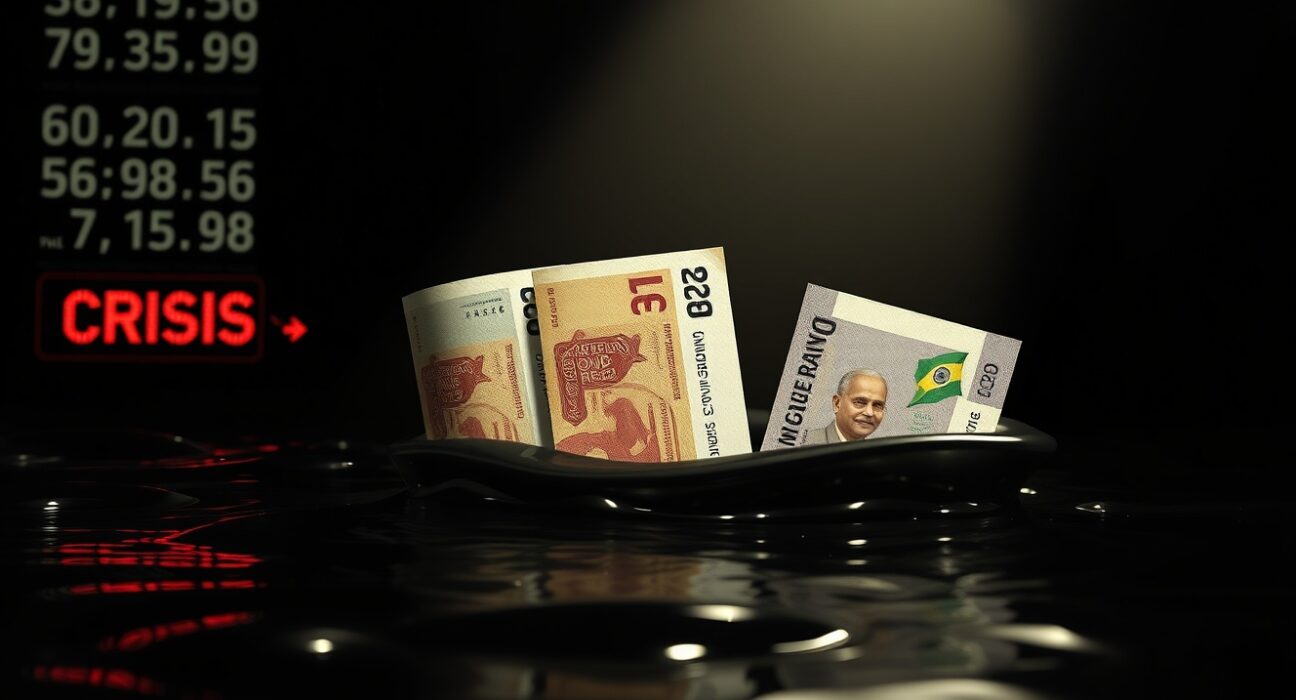 Emerging market currencies submerged in crude oil symbolizing the impact of surging oil prices from the US-Iran standoff.