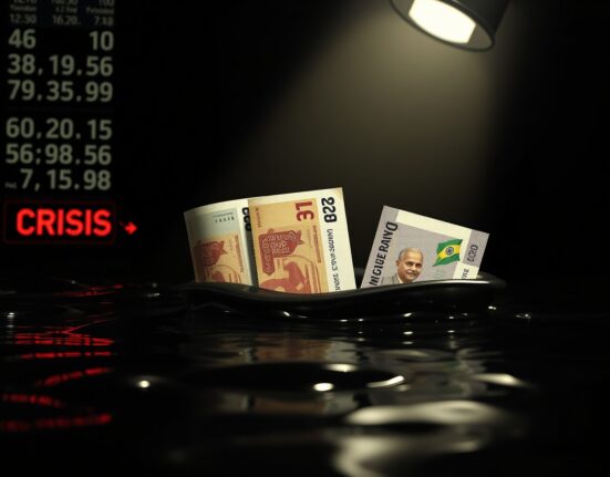 Emerging market currencies submerged in crude oil symbolizing the impact of surging oil prices from the US-Iran standoff.