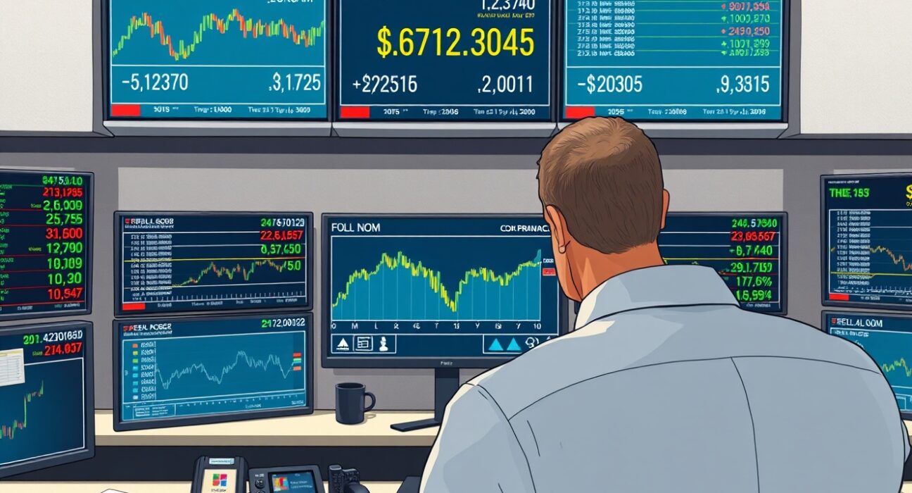 Financial trader analyzing emerging market currency flows and energy price correlations on trading desk monitors