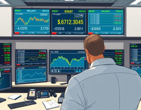 Financial trader analyzing emerging market currency flows and energy price correlations on trading desk monitors