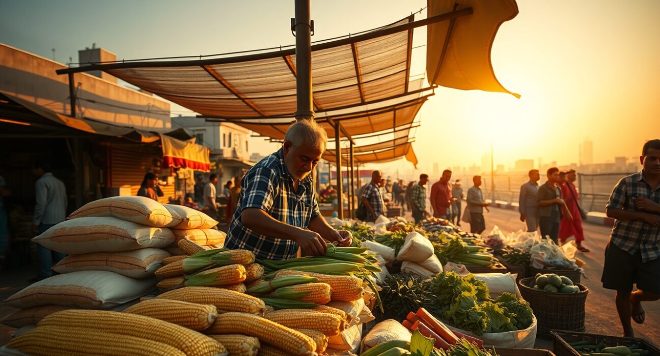 Vendor selling fresh produce at an outdoor market in an emerging market city during golden hour.