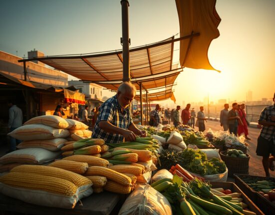 Vendor selling fresh produce at an outdoor market in an emerging market city during golden hour.