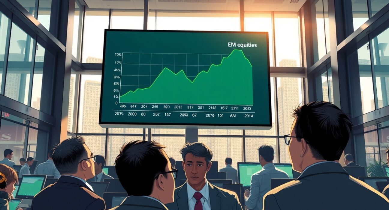 Traders on a financial floor in an emerging market city watch a screen showing a green equities chart, illustrating the BNY report on holdings recovery.