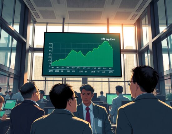 Traders on a financial floor in an emerging market city watch a screen showing a green equities chart, illustrating the BNY report on holdings recovery.
