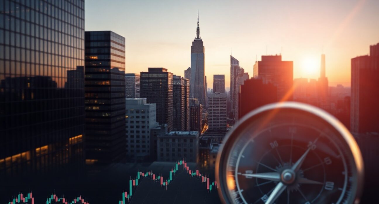Financial district skyline at dusk with subtle stock chart overlay, representing emerging market investment analysis.