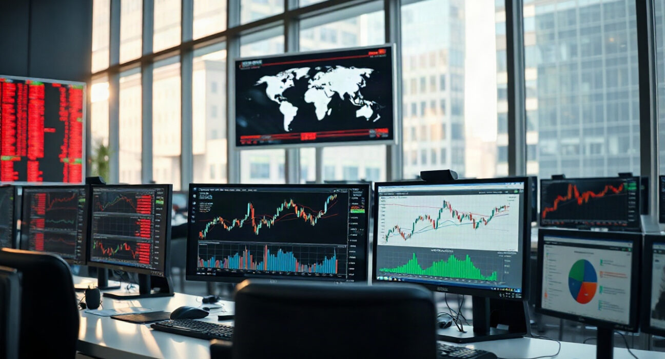 Analyst monitors showing emerging market equity charts on a trading floor