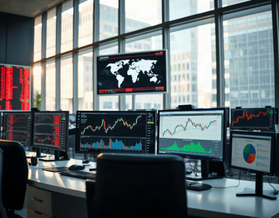 Analyst monitors showing emerging market equity charts on a trading floor