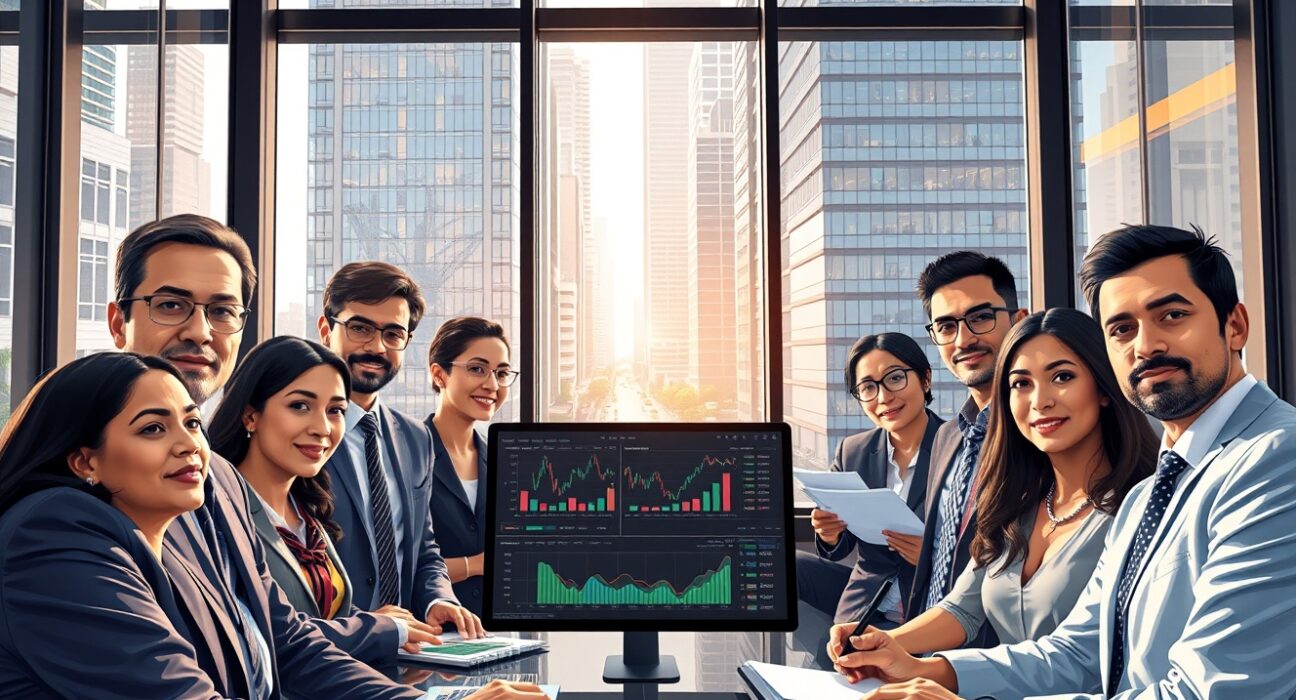 Emerging markets financial professionals analyzing economic data across global business districts