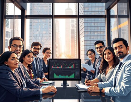 Emerging markets financial professionals analyzing economic data across global business districts