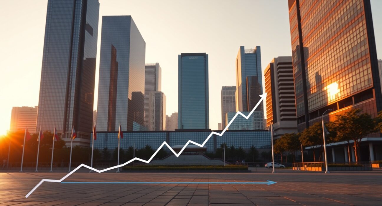 Sunrise over an emerging market city skyline with subtle upward trend indicators