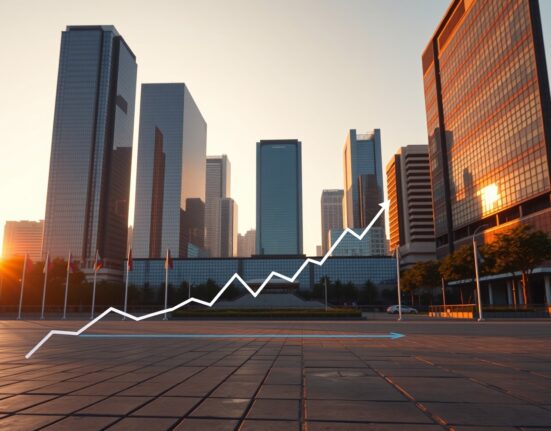 Sunrise over an emerging market city skyline with subtle upward trend indicators