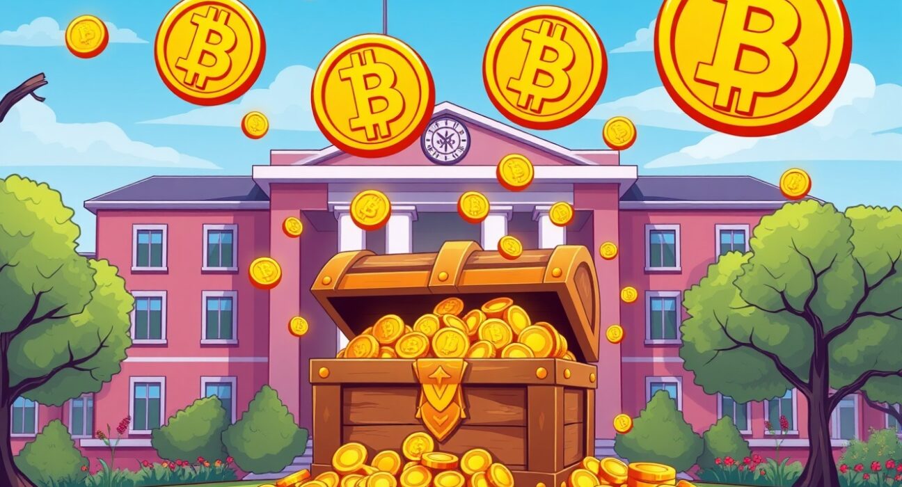 University investing in Grayscale Bitcoin ETF with digital currency symbols and treasure