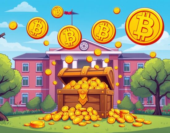 University investing in Grayscale Bitcoin ETF with digital currency symbols and treasure