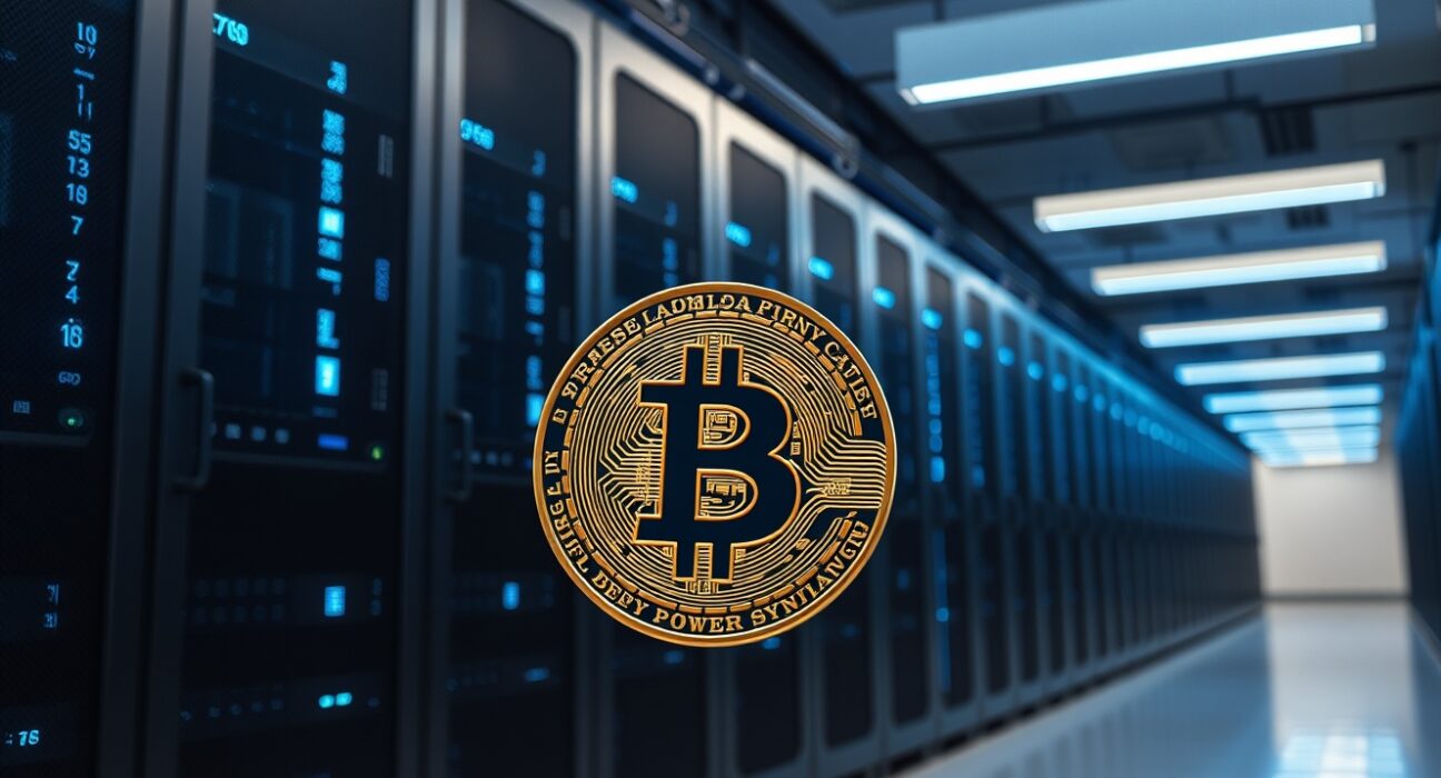 Interior of a modern AI data center with server racks and subtle Bitcoin imagery