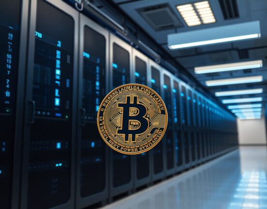 Interior of a modern AI data center with server racks and subtle Bitcoin imagery