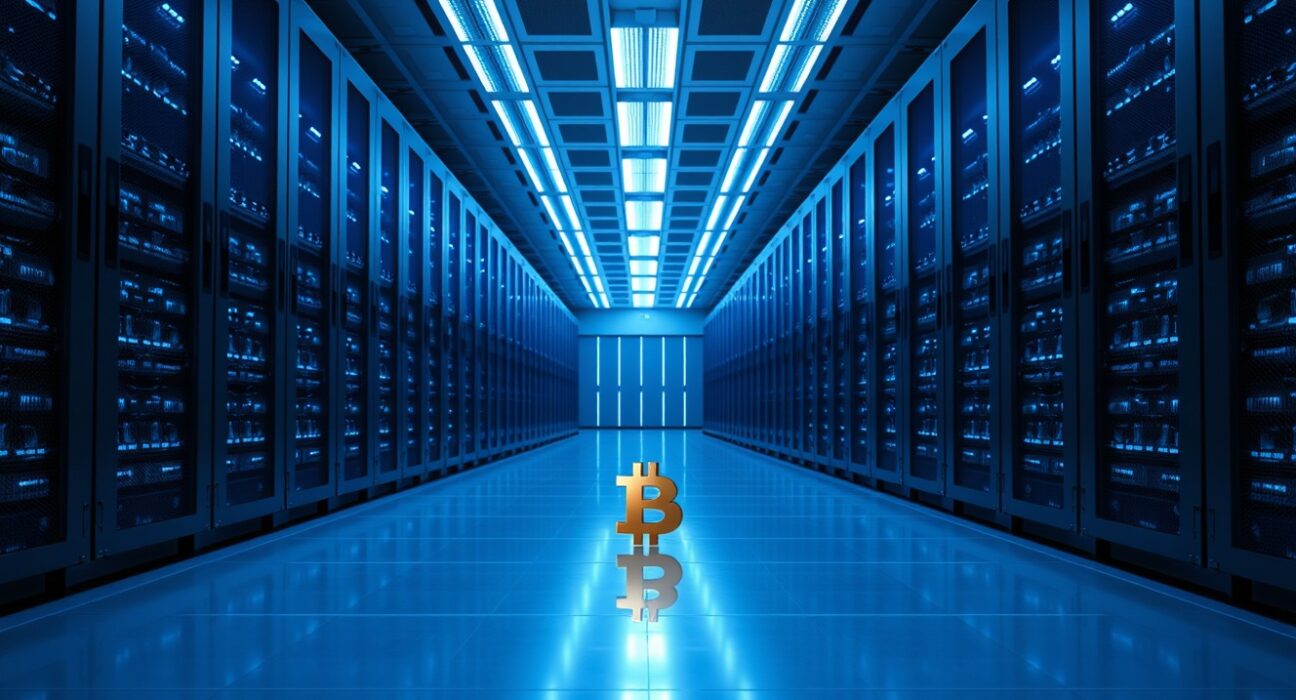 Interior of a modern data center with blue LED lighting and a subtle Bitcoin reflection on the floor.