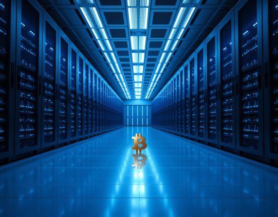 Interior of a modern data center with blue LED lighting and a subtle Bitcoin reflection on the floor.
