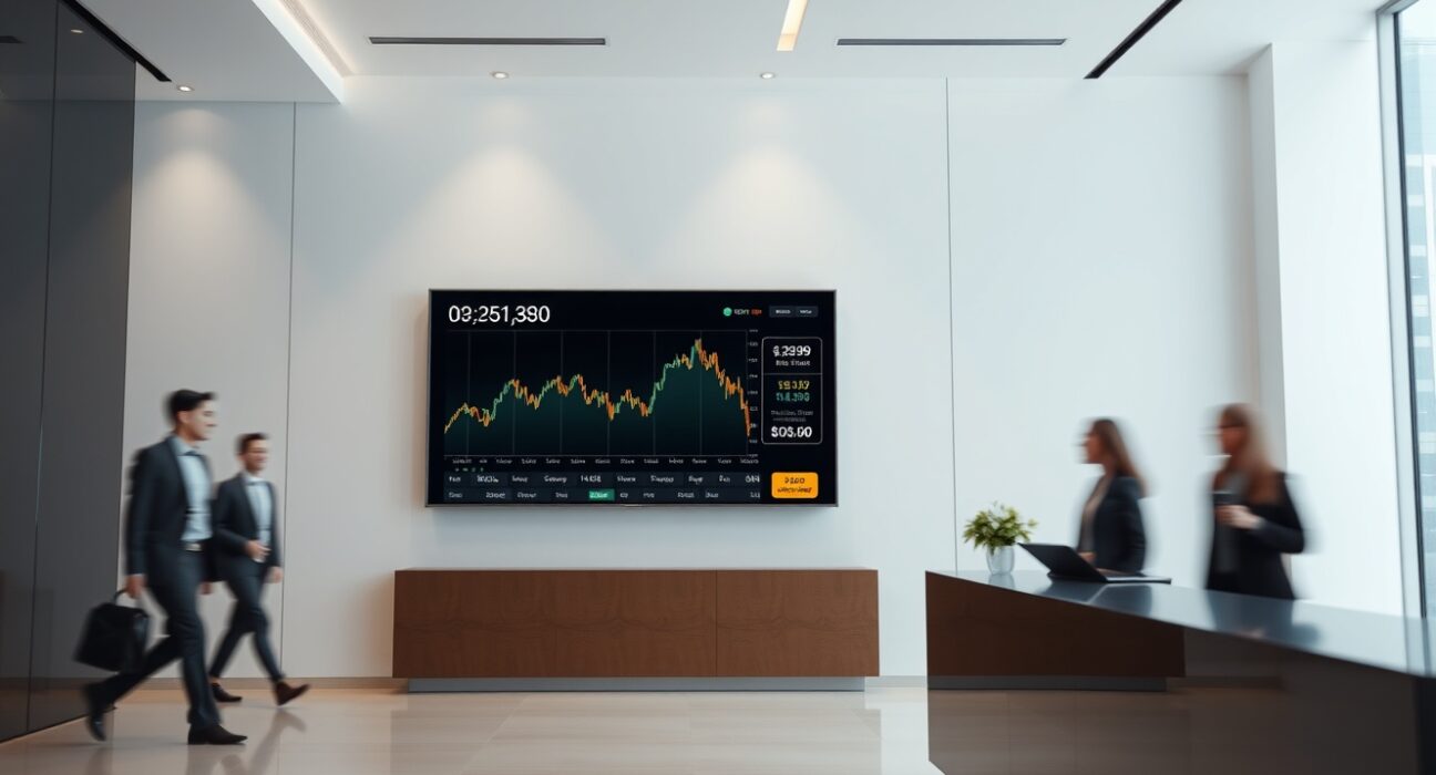A digital display in a modern office showing a Bitcoin transaction and price chart, representing Empery Digital's latest BTC withdrawal.