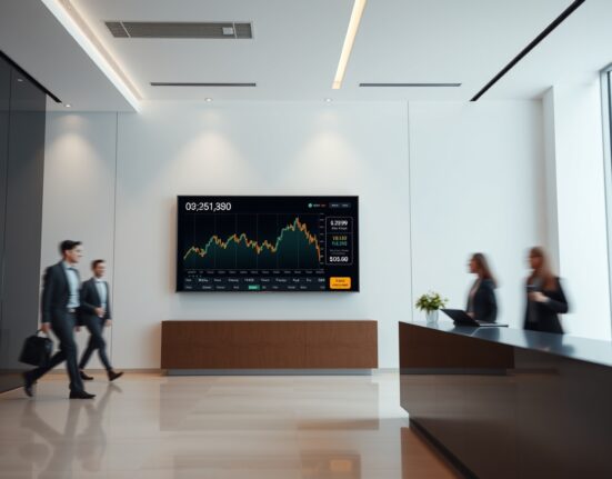 A digital display in a modern office showing a Bitcoin transaction and price chart, representing Empery Digital's latest BTC withdrawal.