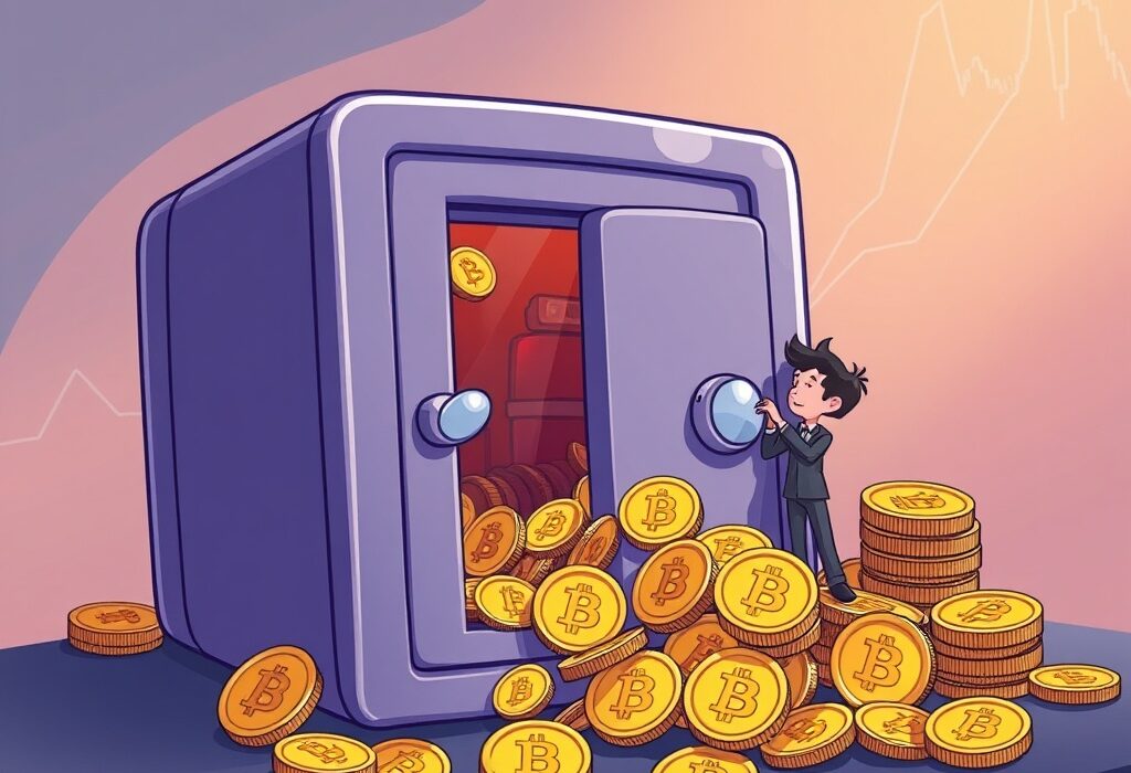 A cartoon illustration of a corporate building representing Empery Digital Bitcoin accumulation, with digital charts showing upward trends.