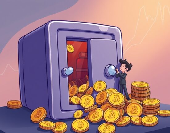 A cartoon illustration of a corporate building representing Empery Digital Bitcoin accumulation, with digital charts showing upward trends.