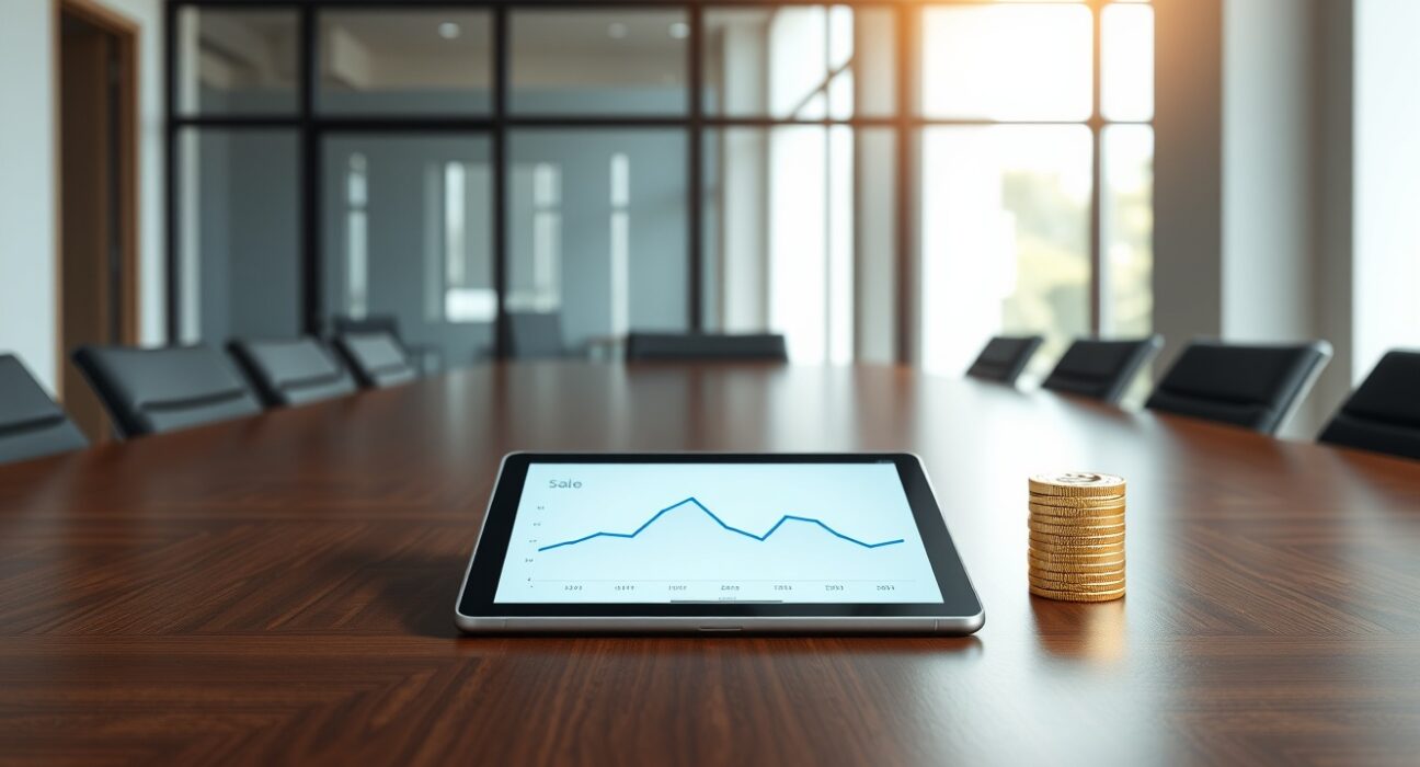 Corporate Bitcoin sale strategy showing digital asset conversion to traditional finance on boardroom table