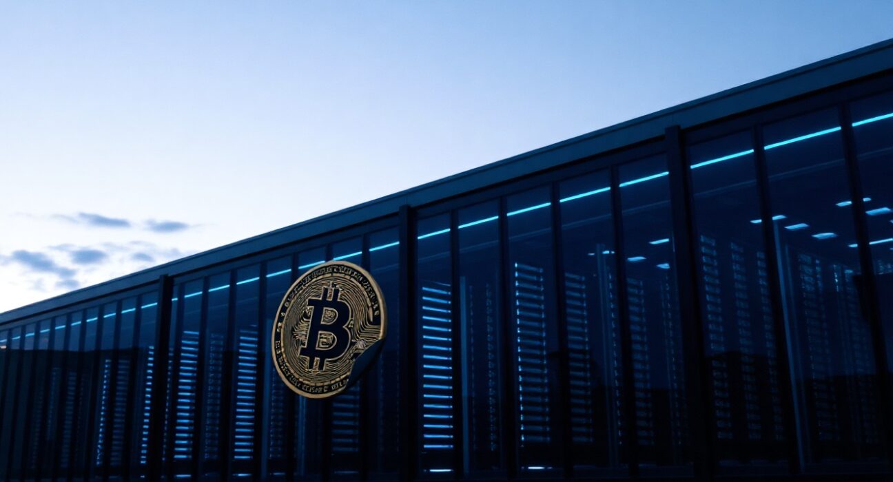 Exterior of a modern data center with Bitcoin symbol reflection, representing Empery Digital's BTC sale for infrastructure investment.