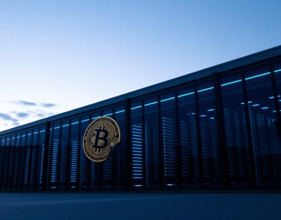 Exterior of a modern data center with Bitcoin symbol reflection, representing Empery Digital's BTC sale for infrastructure investment.