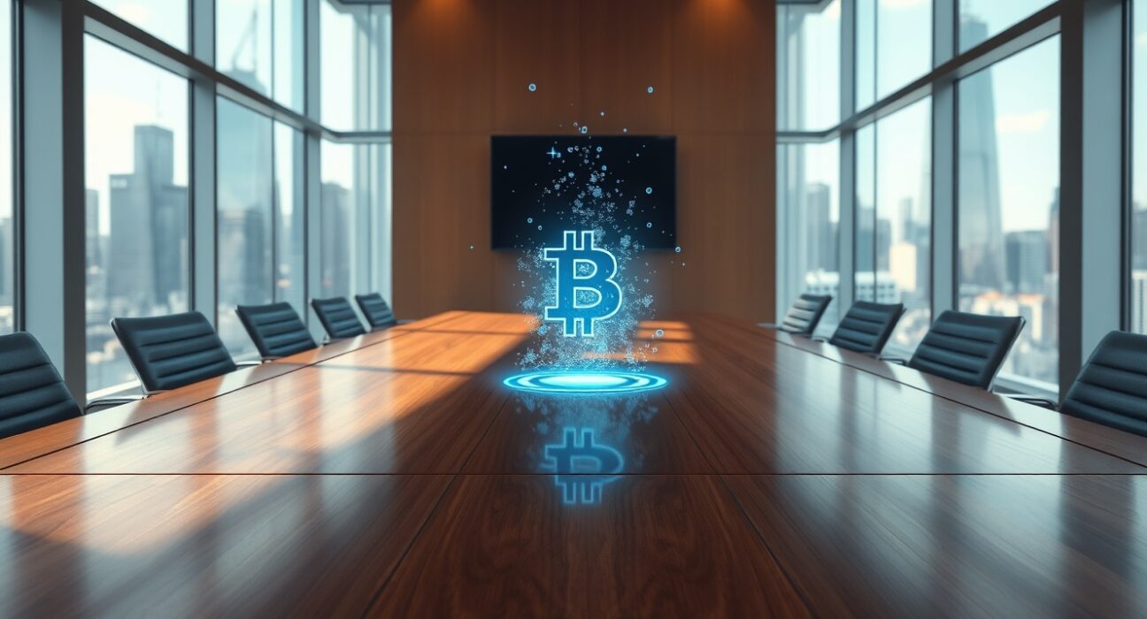 Empery Digital corporate Bitcoin strategy visualized as a dissolving hologram in a boardroom.