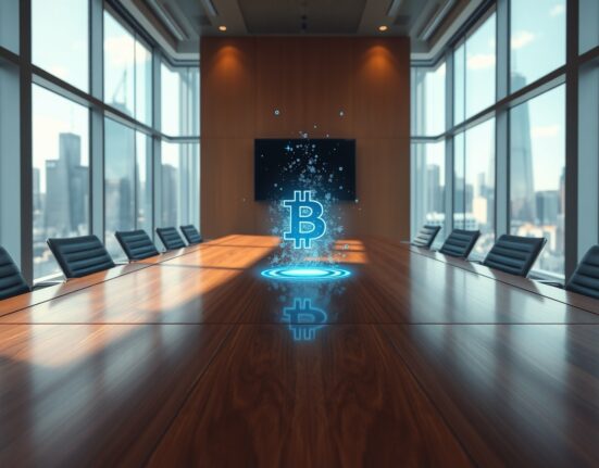 Empery Digital corporate Bitcoin strategy visualized as a dissolving hologram in a boardroom.