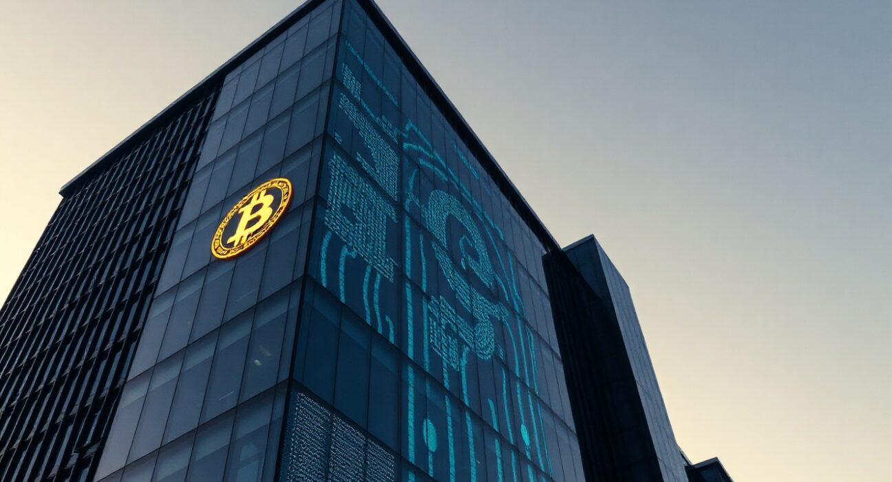 Corporate office building with subtle Bitcoin symbol reflecting on glass at dusk