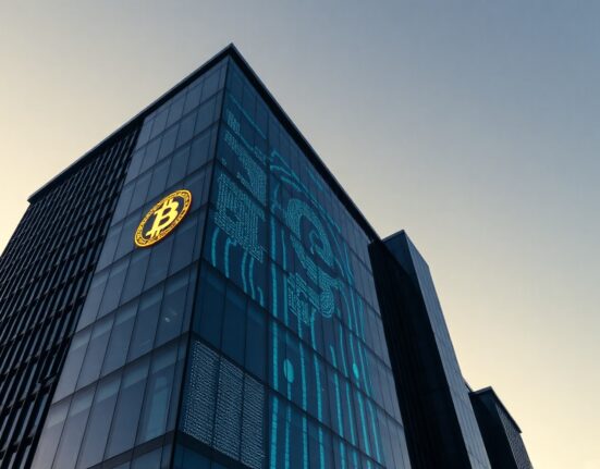 Corporate office building with subtle Bitcoin symbol reflecting on glass at dusk