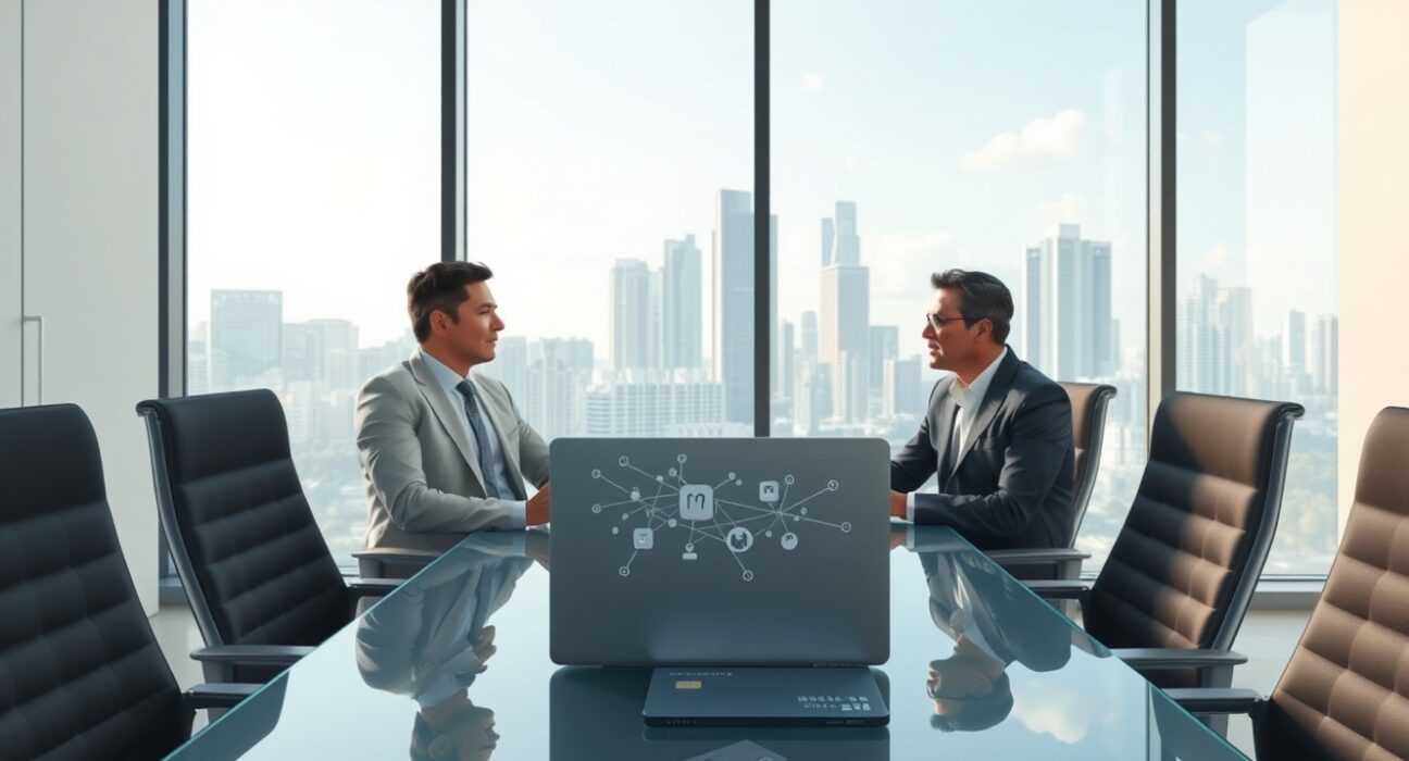 Emurgo and Mastercard representatives discussing a potential crypto partnership in a professional setting.