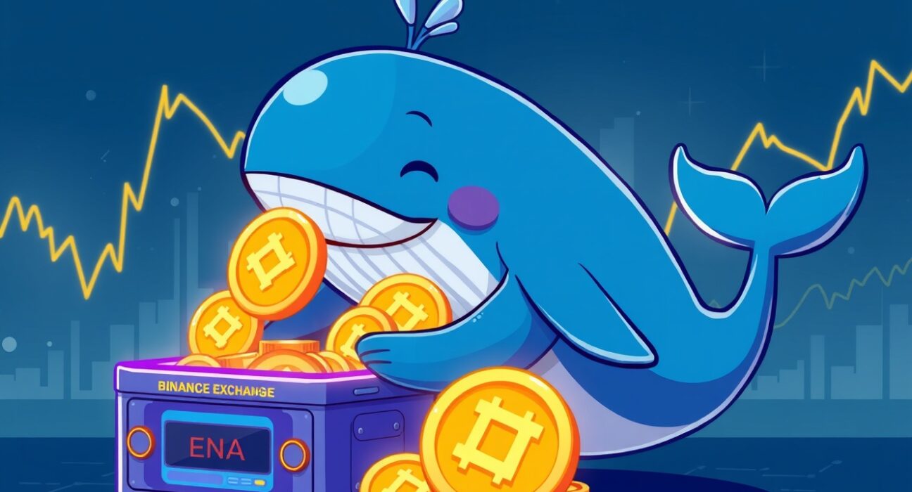 Cartoon whale depositing ENA tokens into Binance, symbolizing a significant ENA deposit and market activity.