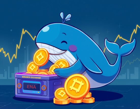 Cartoon whale depositing ENA tokens into Binance, symbolizing a significant ENA deposit and market activity.