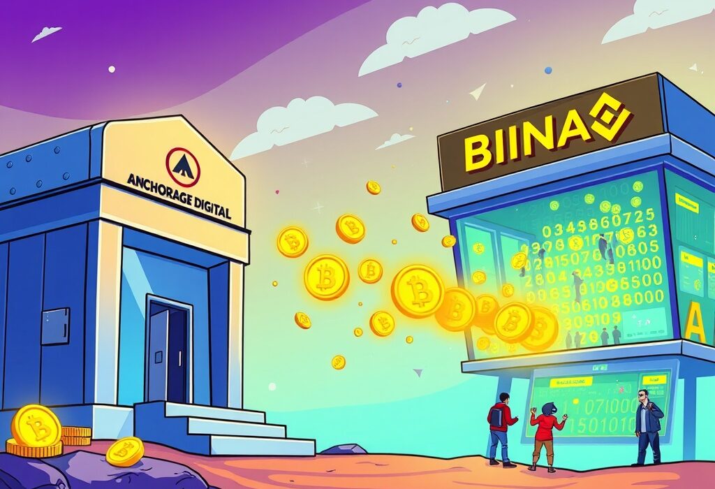 A cartoon showing a large ENA token moving from a secure digital bank to a crypto exchange, symbolizing a significant ENA token deposit.