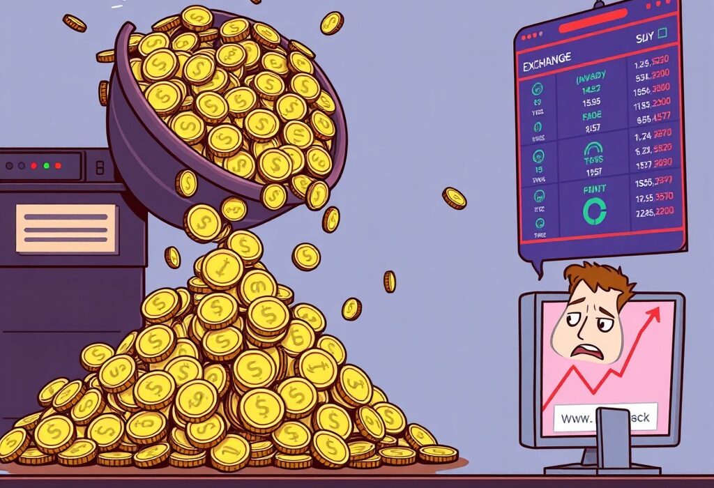 Cartoon showing significant ENA token deposits flowing into crypto exchanges, signaling potential market shifts for Ethena's ENA token.